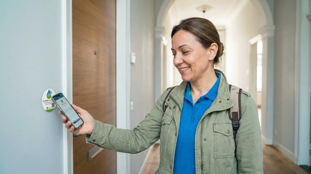 Jacket on, she taps out at the same door — clocked out